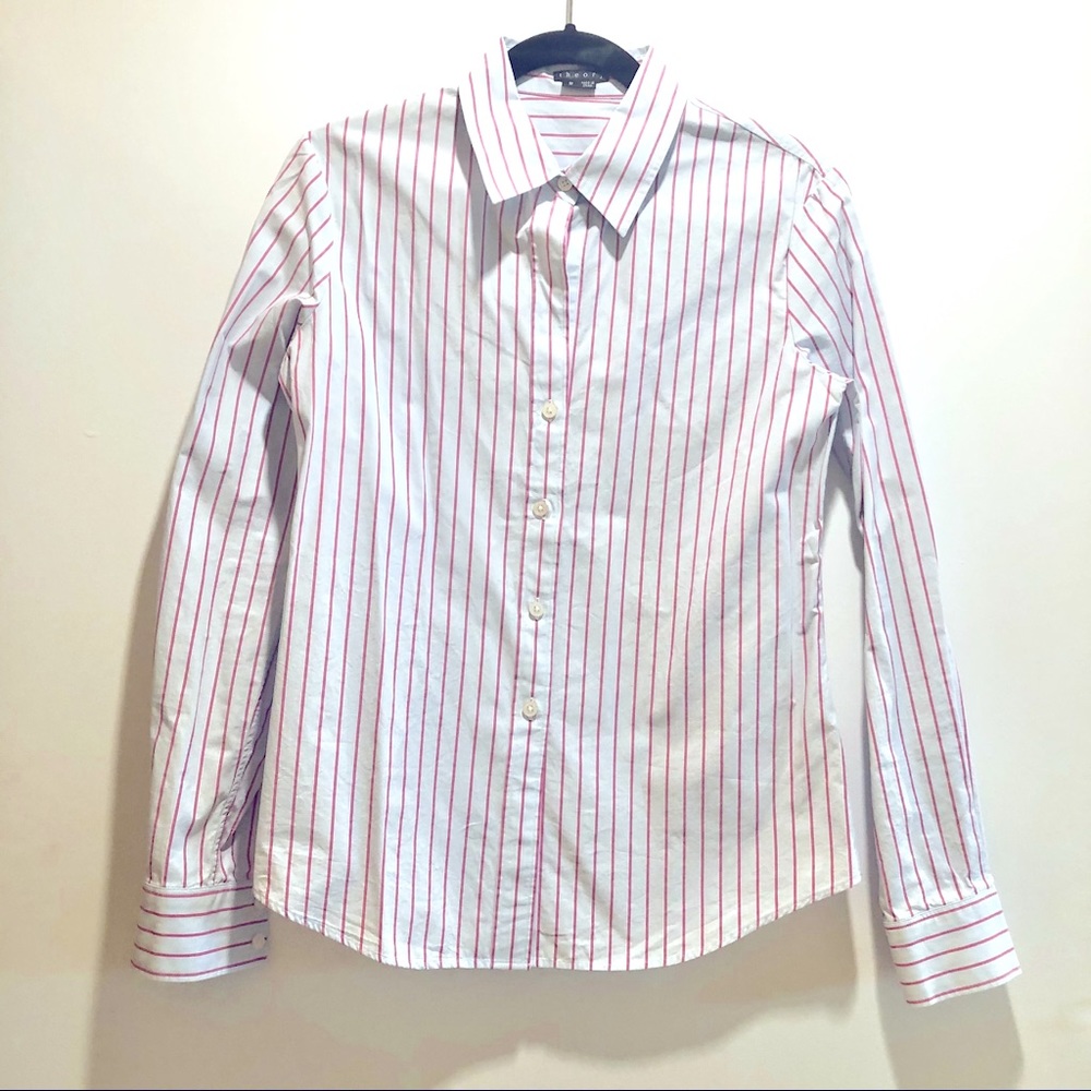 THEORY BLUE AND PINK STRIPED DRESS SHIRT